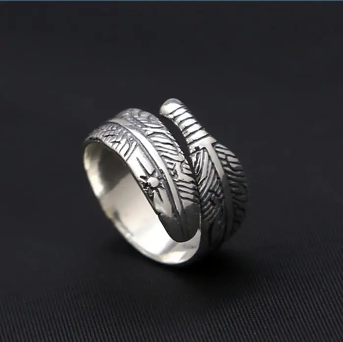 

Vintage Indian Style Solid 925 Sterling Silver Rings Men Women Handmade Feather Cuff Band Simple Designer Silver Jewelry Gifts