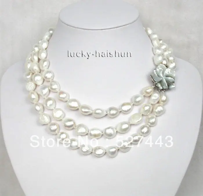 

Wholesale free shipping >>luster 3row baroque white pearls necklace seashell clas