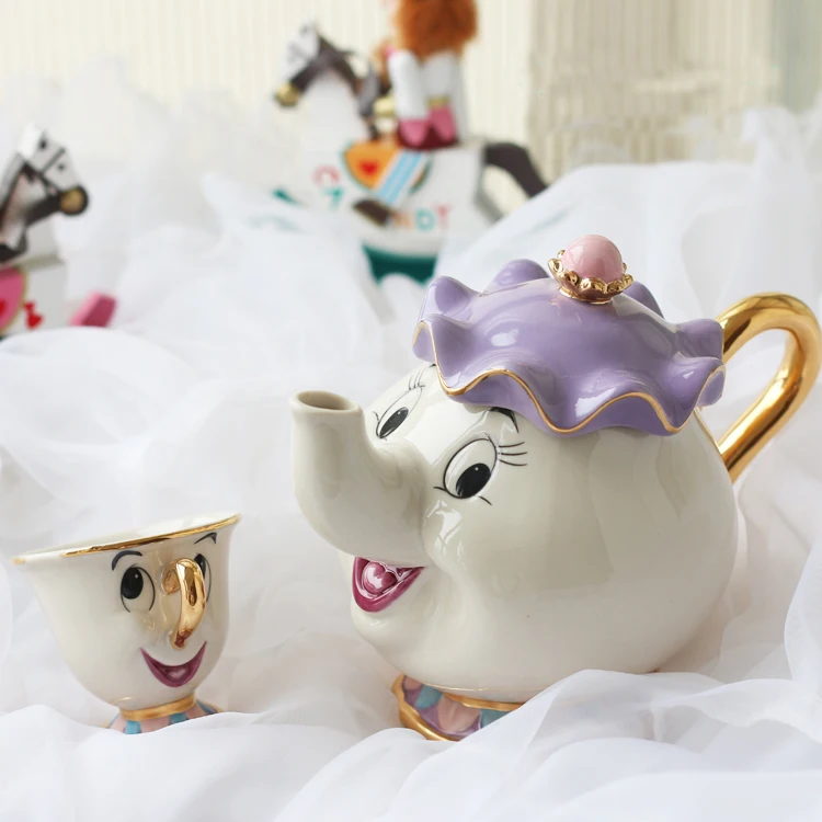 

Hot Sale Old style Cartoon Beauty And The Beast Teapot Mug Mrs Potts Chip Tea Pot Cup One Set nice Christmas gift Free Shipping