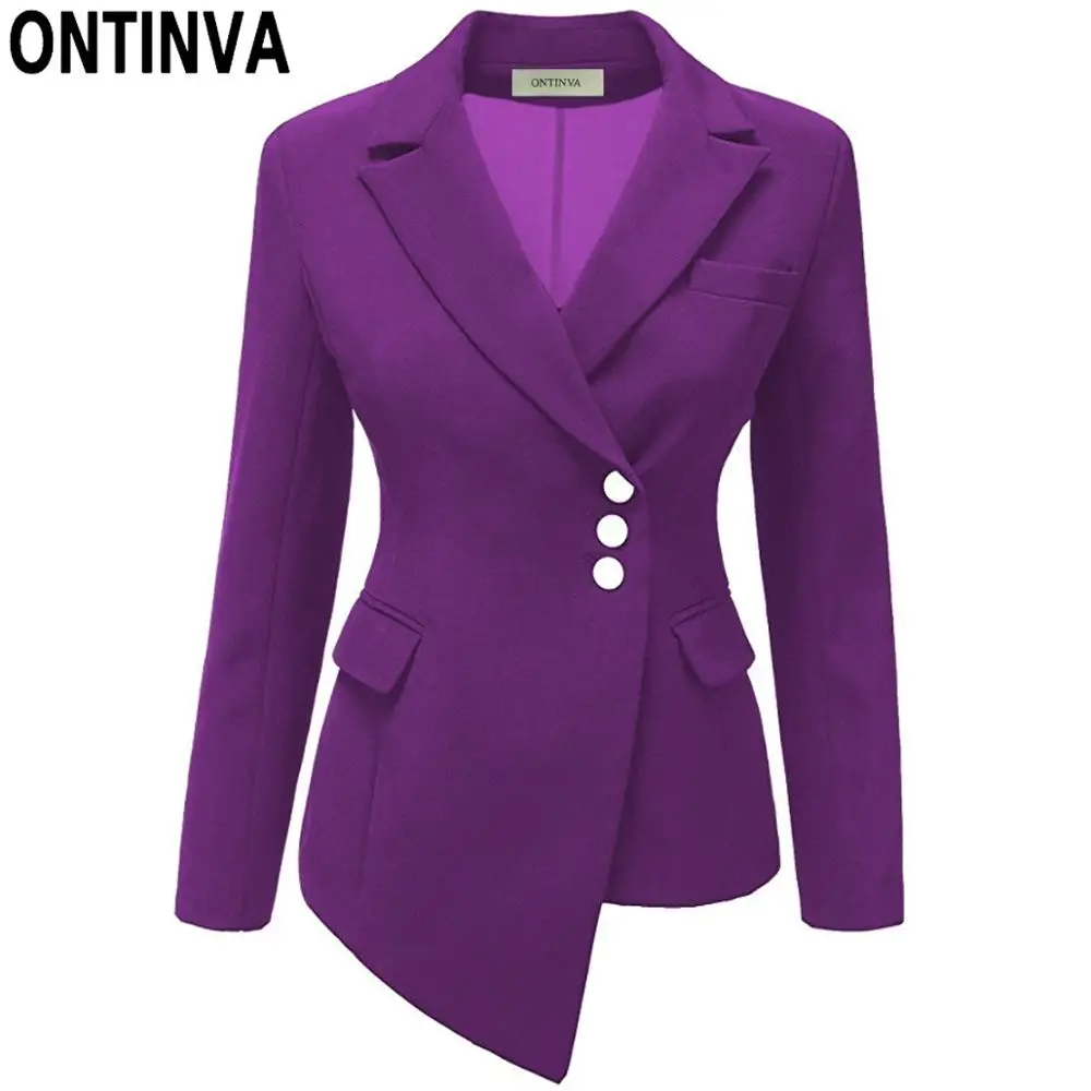 3XL размера плюс женские Необычные офисные пиджаки весенние приталенные топы с v-образным вырезом и длинным рукавом модные женские повседневные куртки - Цвет: Фиолетовый