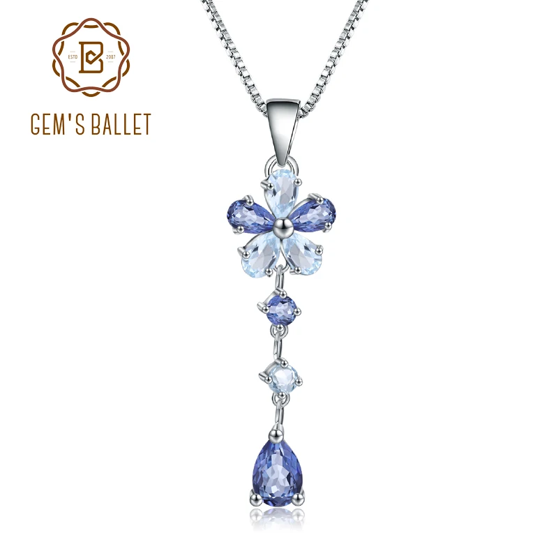 

GEM'S BALLET Natural Iolite Blue Mystic Quartz Sky Blue Topaz 925 Sterling Silver Flower Pendant Necklace for Women Fine Jewelry