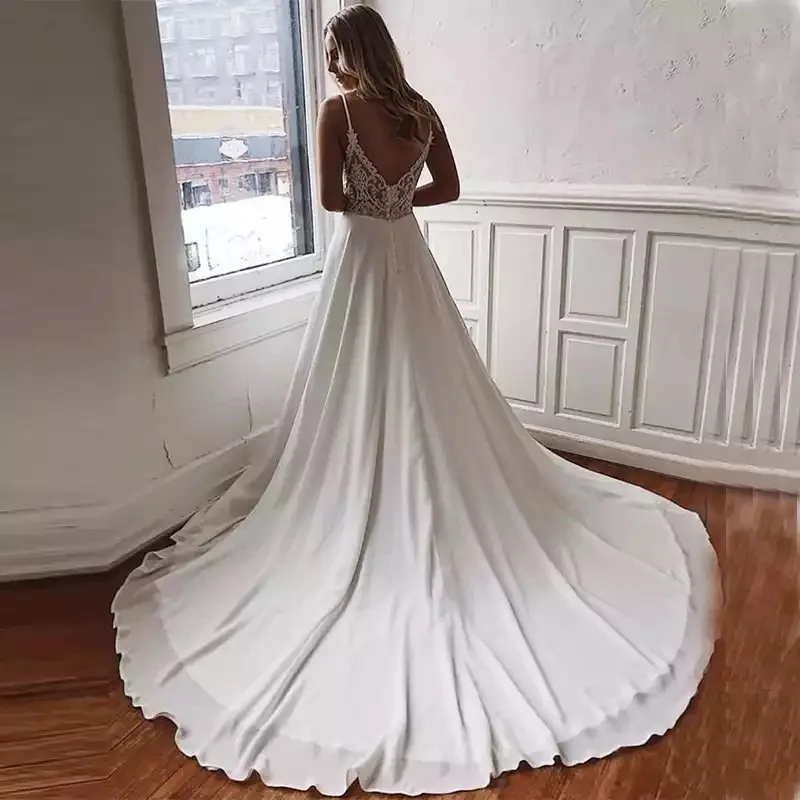 

Cinderella Elegant V-Neck Spaghetti Straps Hand Work Beading Lace Applique Back Chiffon Wedding Dresses Lace Chiffon Bridal Gown
