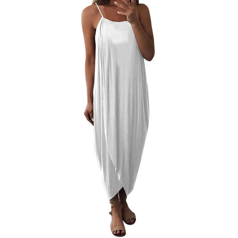 Новые женские летние свободные элегантные праздничные Повседневное вечерние пляжные мужские красивое платье Для женщин без рукавов, на лямках, с асимметричным Разделение платье vestidos verano - Цвет: White