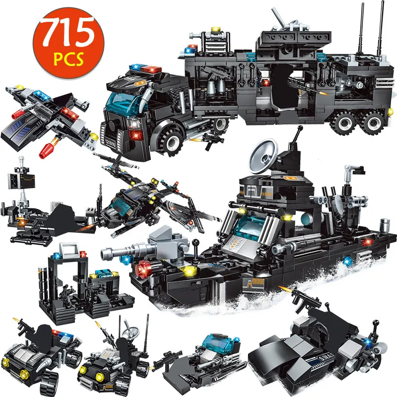 

715pcs City Police Station Truck Building Blocks Compatible City SWAT Team Blocks 3 IN 1 Toys For Boys Children