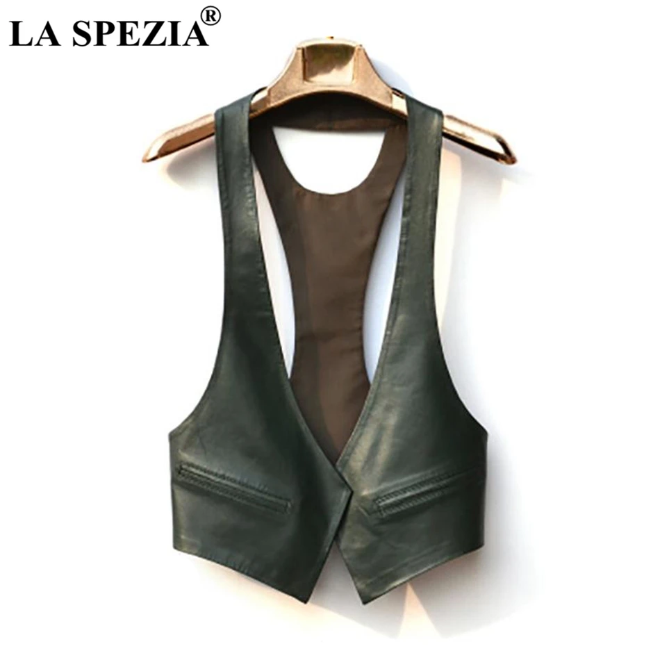 LA SPEZIA Short Vests Woman Leather Slim Red Waistcoat Pockets Ladies Office Real Leather Cardigan Casual Autumn Fashion Vest