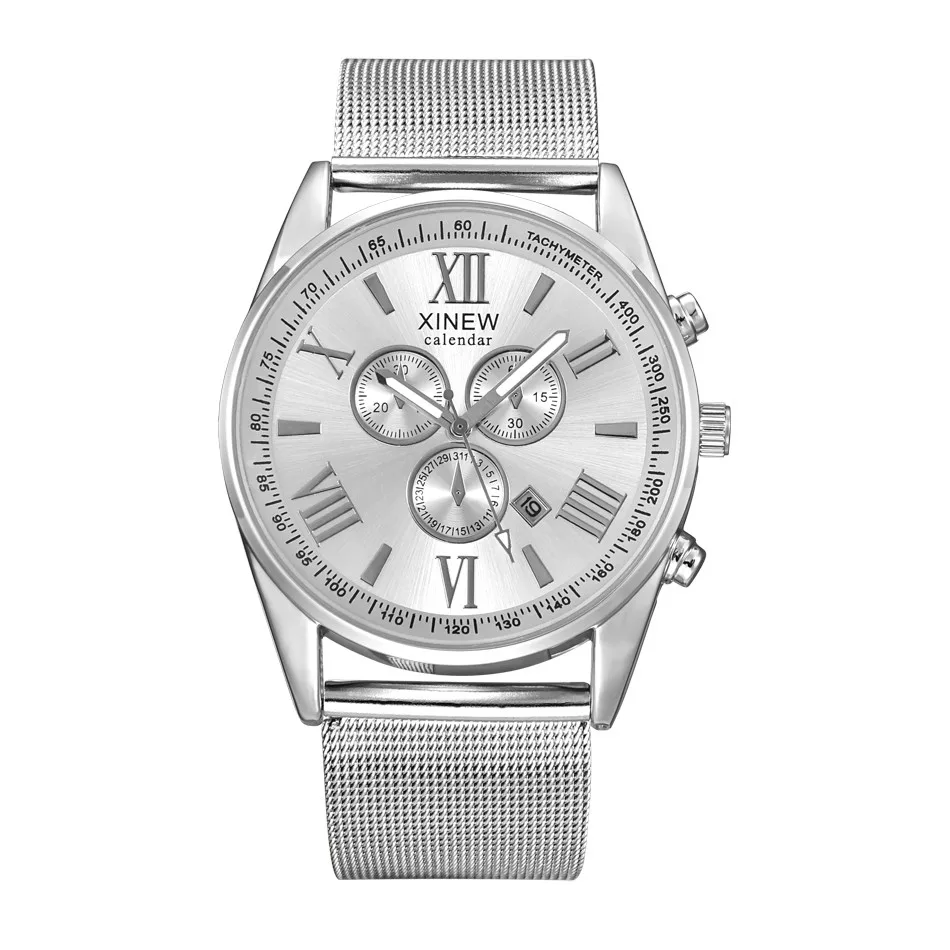 

XINEW 2019 Full Stainless Steel Dual Time Big Face Luxury brand watch silver Gold Quartz Calendar Watch Men Relogio Masculino