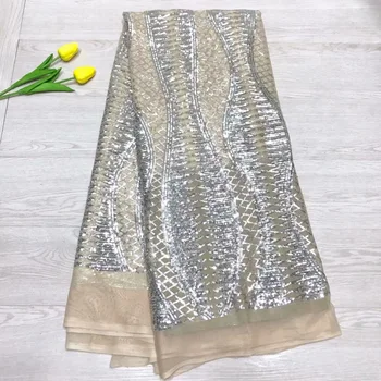 

french sequins lace fabric 2019 high quality silver African tulle lace fabrics for wedding dress Nigerian lace fabrics 5 yards