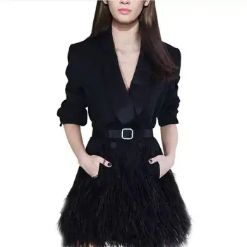 

Fashion feathers patchwork long blazers female long sleeve sashes sexy coats 2019 autumn new party clothes suit gx1599