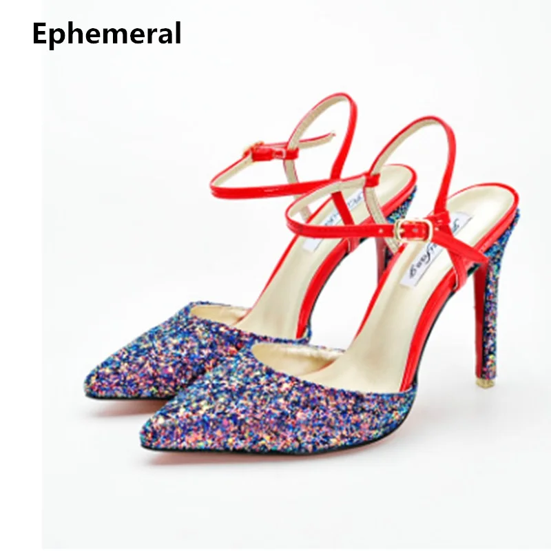 

Lady's Plus size (4-12) Colorful Dazzling Bling Pointed toe Sandals Super High heels Party Wedding shoes women pumps Stilettos
