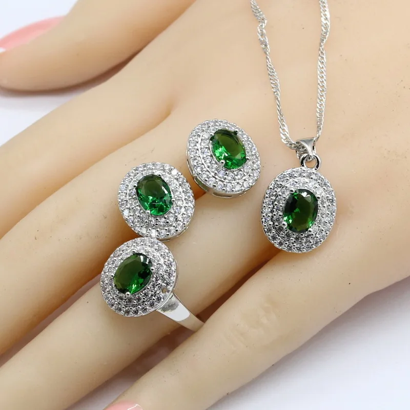 Рождественский подарок, серебряные ювелирные наборы для женщин, зеленый, темно-синий, черный, кубический цирконий, ожерелье, подвеска, серьги, кольца - Окраска металла: Green