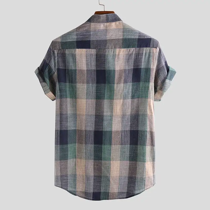 Summer Stand Collar Literary Big Plaid Little Fresh Pocket Men Shirt Short Sleeve Casual Loose Streetwear Fashion Shirts
