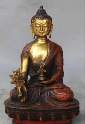 

Free Shipping RHS0160 9"Chinese Tibet Buddhism Bronze Gilt Medical Medicine Buddha Dragon Bowl Statue