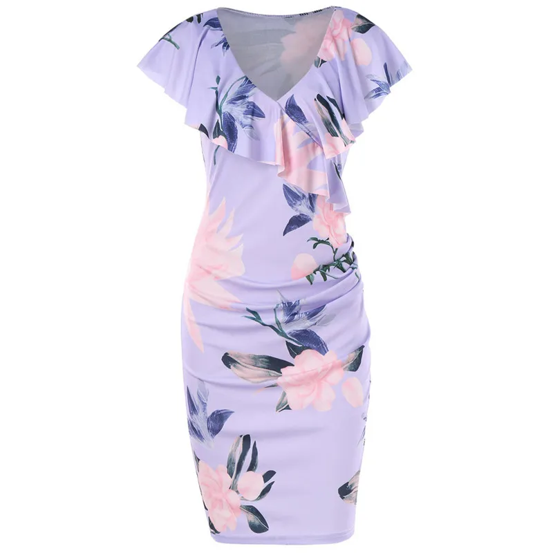 

Women Summer Fashion Dresses Polyester Casual Printed Floral Flounce Collar Sheath Mini Dress Sundress z0212