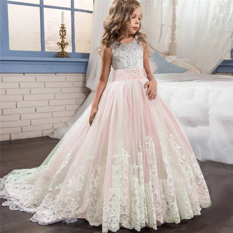 Платье для девочек; одежда для свадебной вечеринки; кружевное платье с бантом; элегантное праздничное платье принцессы для детей 6-14 лет; одежда для подростков - Цвет: Pink