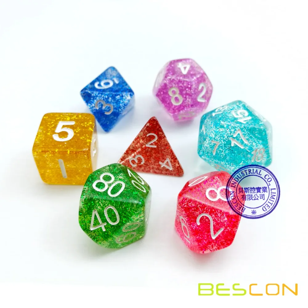 

Assorted Colored Colorful Glitter Polyhedral Dice 7pcs Set, Glitter RPG Dice Set d4 d6 d8 d10 d12 d20 d%, Clear Tube Packaging