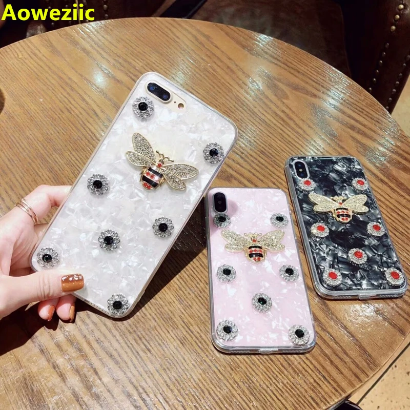 

Aoweziic Luxury Marble Rhinestones Bee Case For iPhoneX 7 6 6S 8 Plus XS MAX XR glitter Sea shell Diamond Conch TPU Cover Back