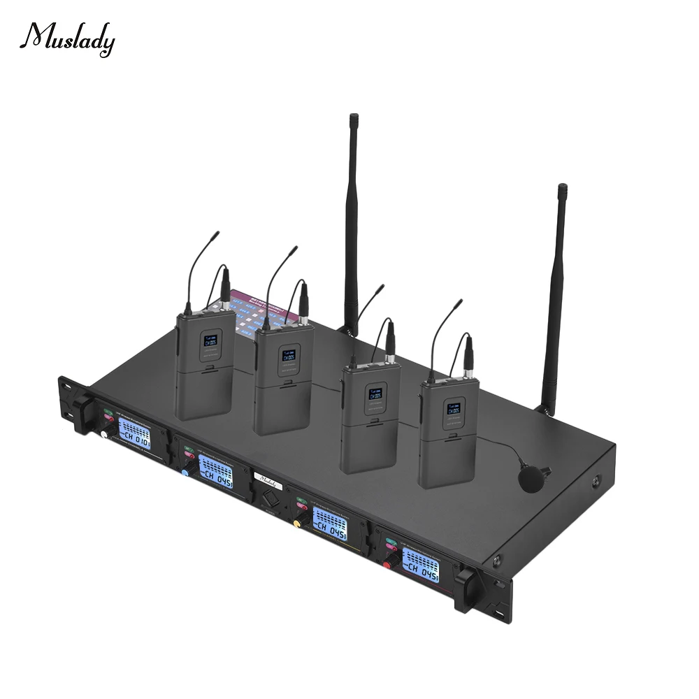 

Muslady D4-1 Professional 4-Channel UHF Wireless Microphone System Includes 4 Lapel Microphones with Bodypack Transmitters