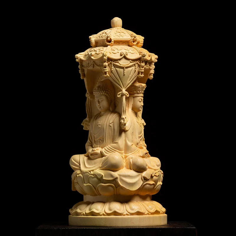 

Three sides Amitabha,Guanyin,Bodhisattva Buxus wood carving Western thress Gods wood home Buddha statue solid wood ornaments