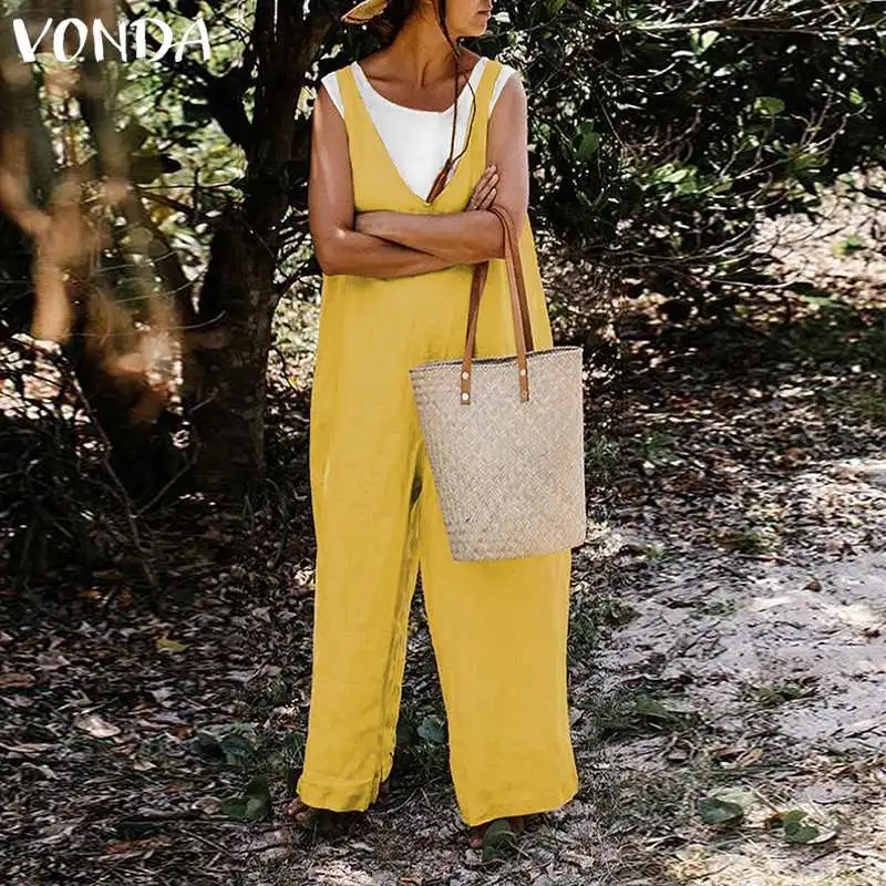 

2019 VONDA Sexy Sleeveless Rompers Women Jumpsuit Plus Size Casual Loose Overalls Straight Female Holiday Backless Jumpsuits