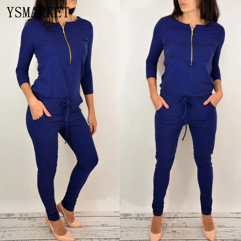 2018 Spring Fashion Bodycon Jumpsuit Women O Neck Quarter Sleeve Front