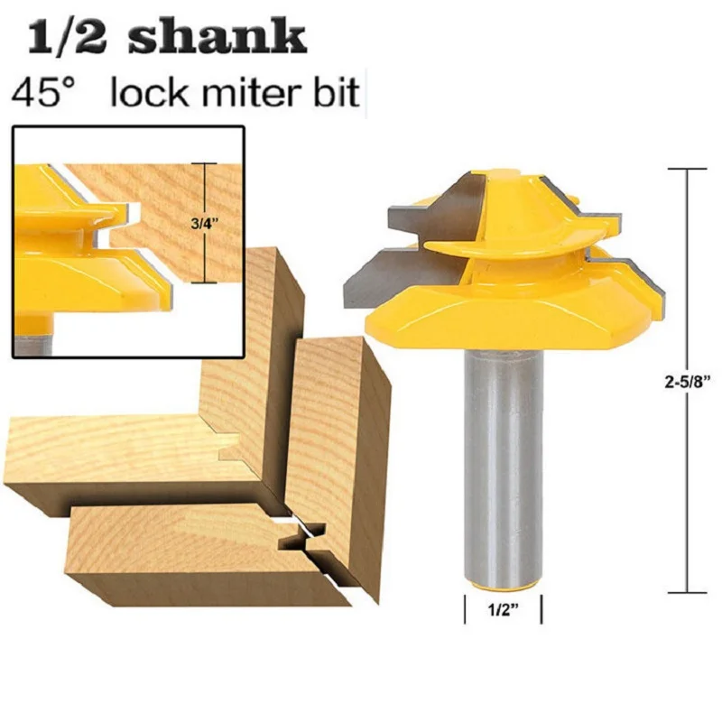 

1pc 12.7mm 1/2" Shank 45 Degree Medium Lock Miter Wood Router Bit Tungsten Woodworking Milling Cutter/ End Mills / Milling Tool