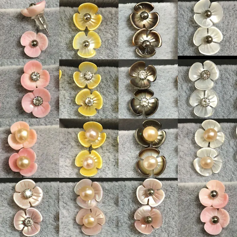 

10pair Wholesale Free Shipping Fashion Jewelry Yellow White Black Pink Mother of pearl Shell Flower Beads Stud Earrings WFH463