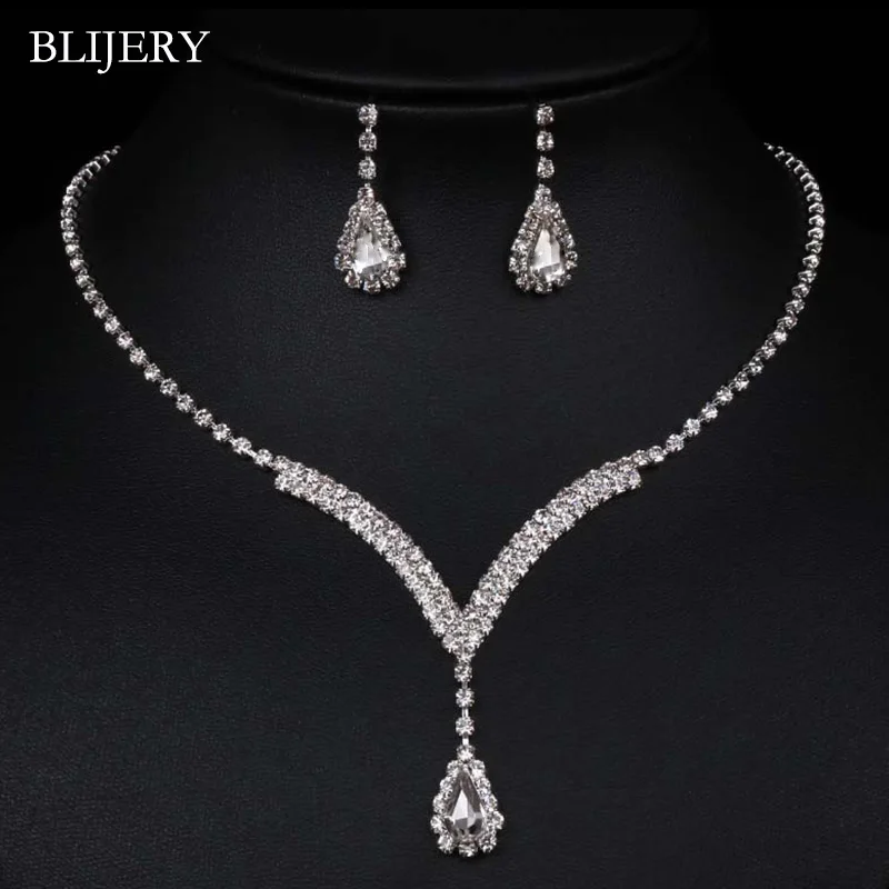 

BLIJERY Teardrop Crystal Bridal Jewelry Sets Silver Color Rhinestone V Shaped Necklace Earrings Wedding Jewelry Set for Women