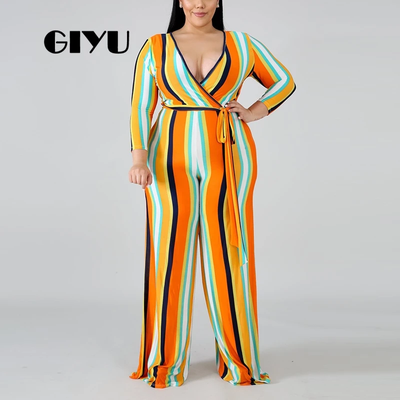 

GIYU Striped Wrap Long Jumpsuits Women Long Sleeve Overalls Casual Loose Wide Leg Romper 2019 combinaison femme