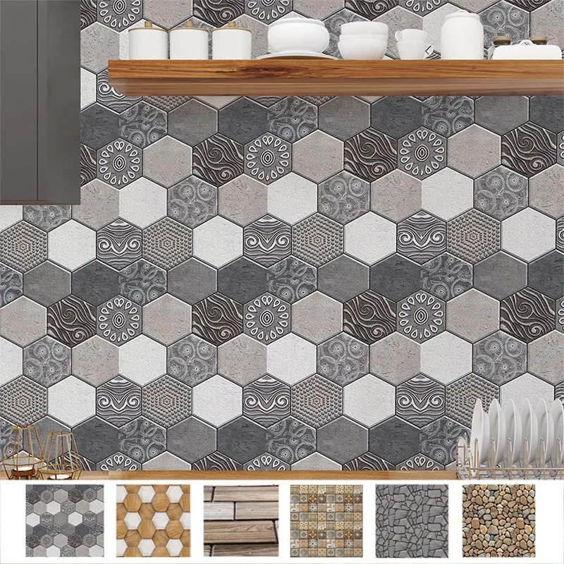 

PVC Ceramic Tile Stickers 3D Wall Sticker Creative Mural Art Self-Adhesive Living Room for Kitchen Decor 30 * 30CM Waterproof
