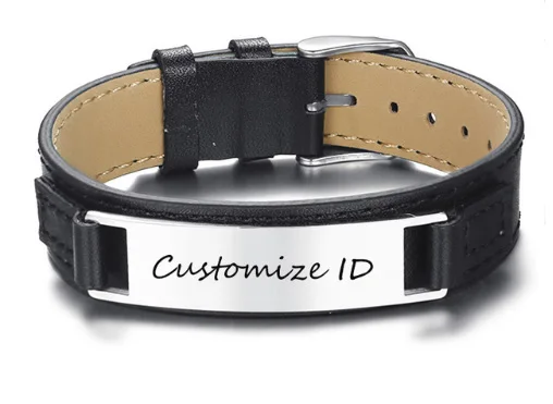 

New Stylish Men's Black Genuine Leather Bracelet Free Engraving 12MM Customized ID Pulseira Masculina Length Adjustable