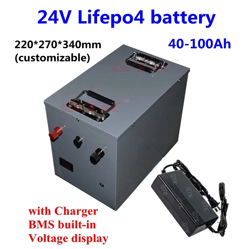 

Waterprrof 24V 40Ah 50Ah 60Ah 70Ah 80Ah 100Ah LiFepo4 lithium battery with BMS for solar system motorhome ebike scooter+Charger