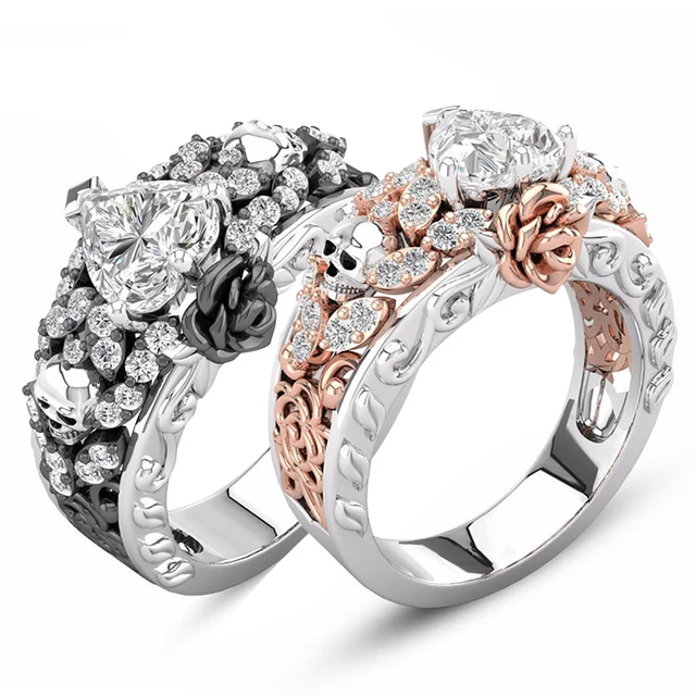 ROMAD Skull Rings Men Women Flower Rose Gold Black Luxury