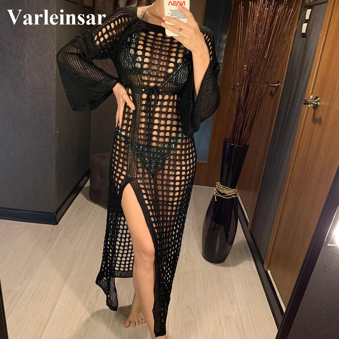 

2019 Crochet Tunic Beach Dress Cover-ups Summer Women Beachwear Sexy Hollow Out Knitted Swimsuit Cover Up Beach Long Dress V1322