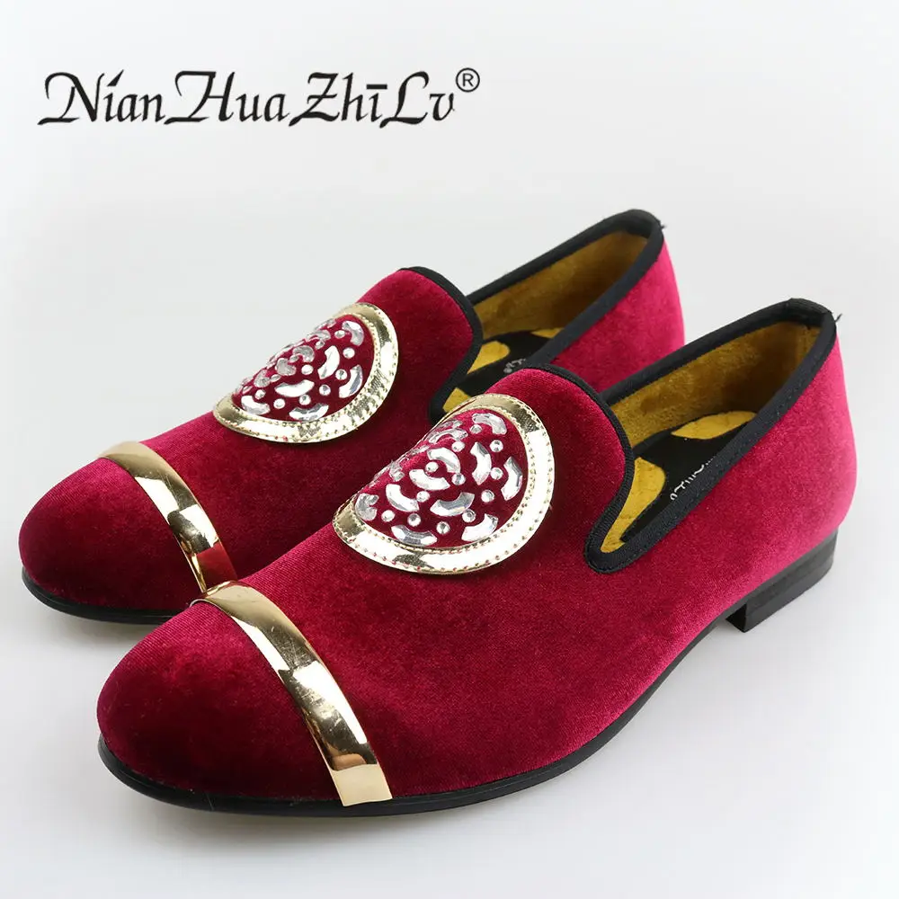 New Fashion Men Velvet Dress Loafers men's classic Casual Shoes Gold Top and Metal Toe Handmade luxurious flats
