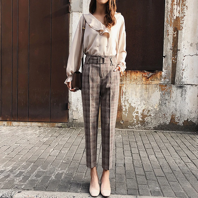 Cena BGTEEVER Vintage spodnie w kratę dla kobiet skrzydła spodnie ołówkowe wysokiej talii Retro spodnie robocze kobiece spodnie w stylu casual 2018 wysokiej jakości