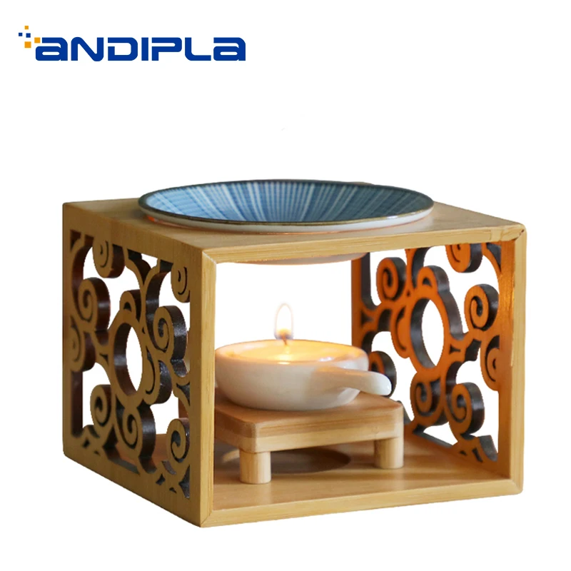 Creative Incense Burner Openwork Bamboo Wooden Shelf with Ceramic Plate