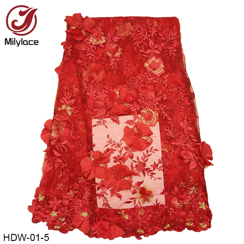 

Milylace 3D flower French lace fabric 5 yards 2019 floral embroidery tulle lace fabric with beads and stones for wedding HDW-01