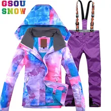Gsou снег женские зимние белые ветрозащитный Водонепроницаемый Лыжная куртка с брюками Сноуборд Лыжный костюм Лыжный Спорт Открытый Отдых снег Костюмы