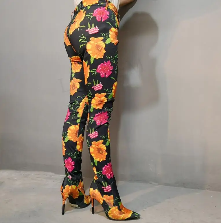 LAIGZEM/женские штаны по индивидуальному заказу; Сапоги выше колена из лайкры на каблуке; обувь с цветочным принтом; Botines Mujer; большие размеры 34-47 - Цвет: LGZ444 Floral
