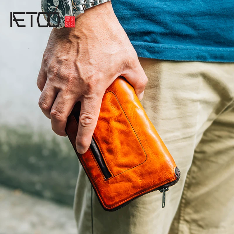 

AETOO Cowhide Wallet Men's long ticket clip cell phone pack leather business handbag