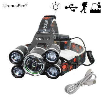 

5 LED Headlight 1x T6 + 4x XPE LED USB Rechargeable Headlamp Flashlight for Outdoor Hunting Fishing Bike Light with USB Cable