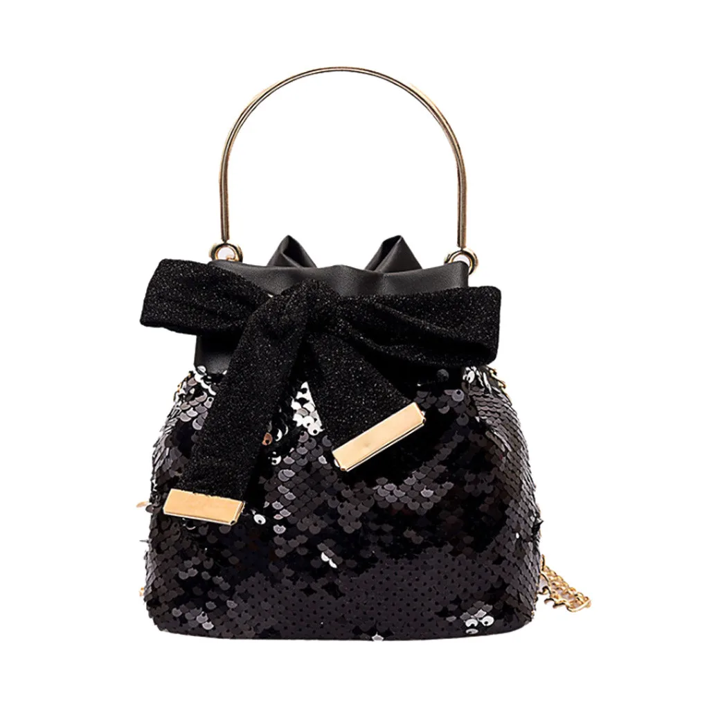

Handbag Bow Lace opening Metal Sheets Metal Handbag Bow Sequins Messenger Bag Chain Wild Bucket Bag