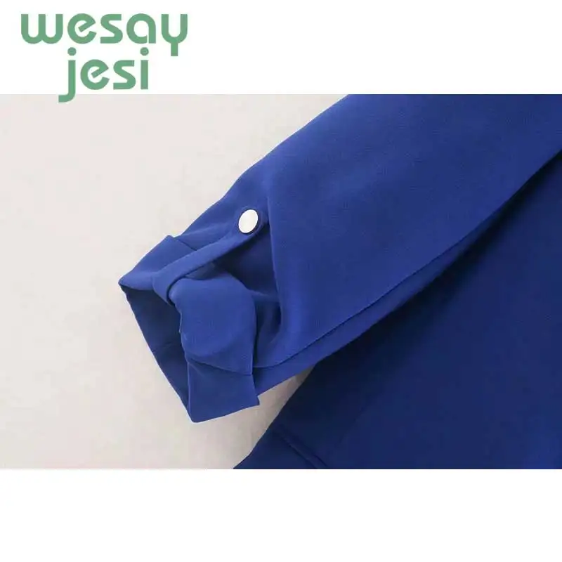 Vintage Women Blazer Pockets Jackets Female 2019 Retro Suits Coat  blue Blazer Loose Coat Streetwear