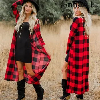 

arrival Ladies Women's Casual Full Length Boyfriend Cover Up Long Plaid Cardigan Plaided Long Sleeves Open Front Coats Clothes