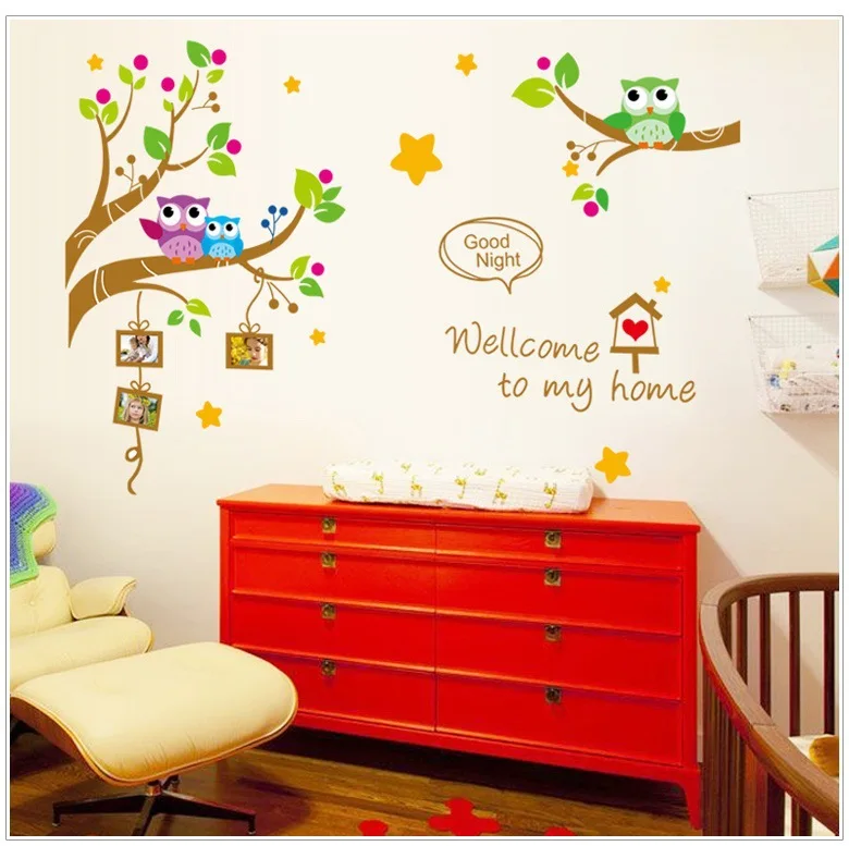 

60*90cm Creative Cute Owls Tree Photo Frame DIY Wall Stickers Kids Bedroom Nursery Mural waterproof Decal PVC Wallpaper