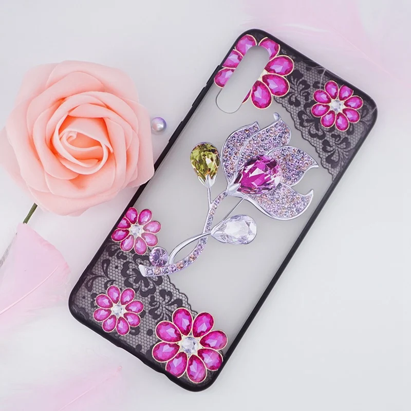 

Case for Samsung Galaxy A50 2019 Lace Rhinestone Pattern Printing Cover for Galaxy A50 Soft Silicon Frame Hard Back Shell
