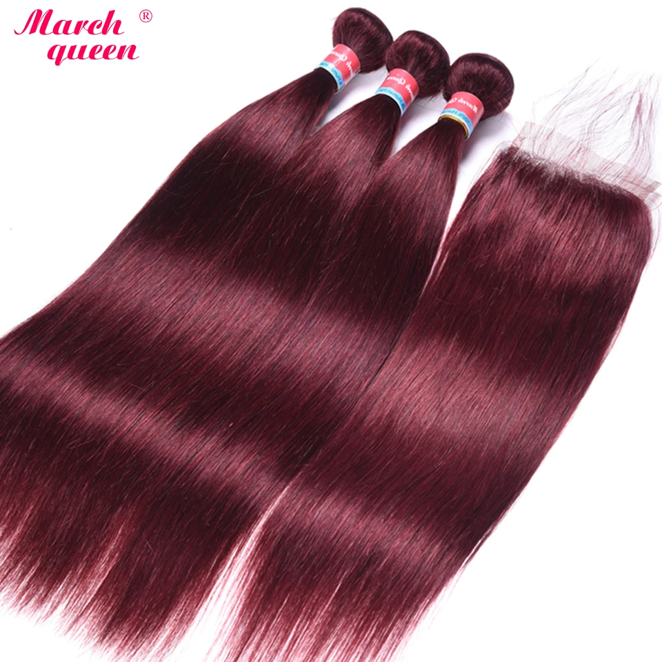 

March Queen Pre-Colored #99J Vietnamese Straight Hair 3 Bundles With Closure Red Wine Human Hair Weave With 4x4 Lace Closure