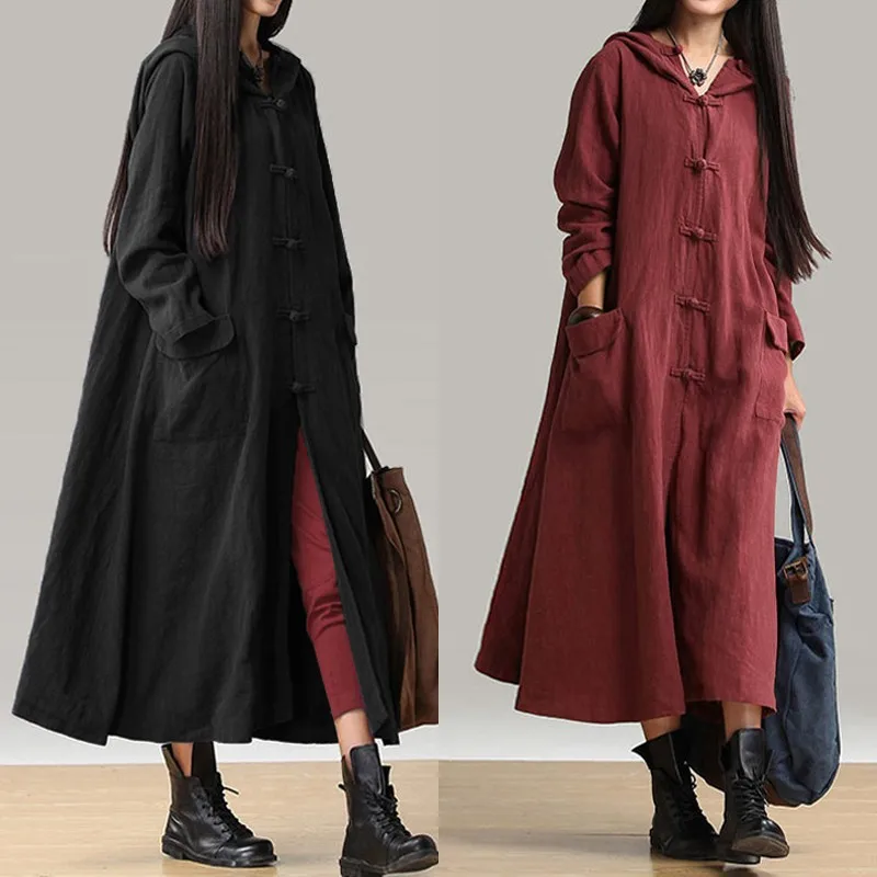 

2019 ZANZEA Autumn Vintage Long Sleeve Cotton Linen Coat Kaftan Women Casual Hooded Button Loose Solid Shirt Long Jacket Vestido