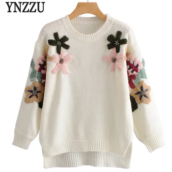 

YNZZU 2019 New Spring Sweater Women Sweet Floral Embroidery Split Loose Knitted Pullover Jumper Women Tops Pull Femme YT502