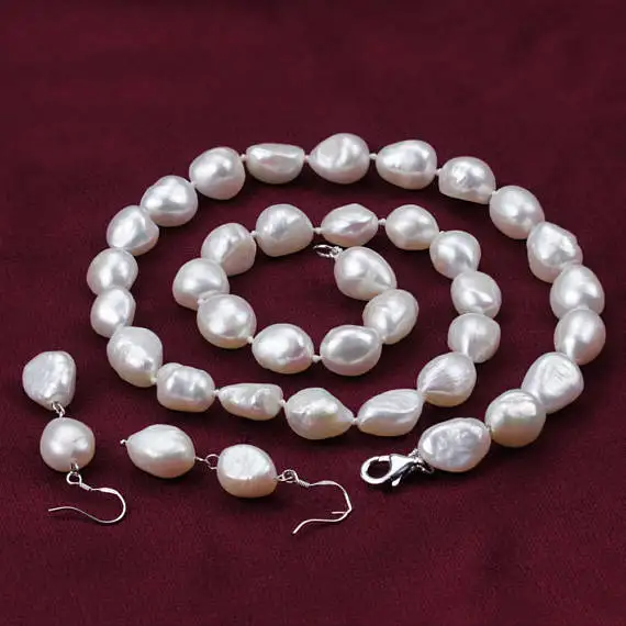 Stunning Natural Pearl Jewellery Set White Color 8 9mm Real Freshwater Pearl Necklace Earrings 